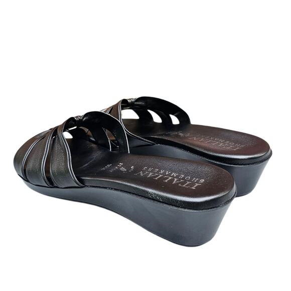 Black Mini Wedge Sandals Italian Shoemakers Bade Size 10 Strappy Slides Silver - Picture 5 of 12